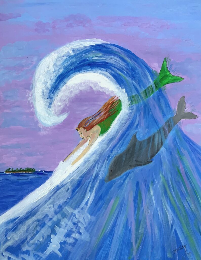 Painting of a mermaid in body surfing a wave.